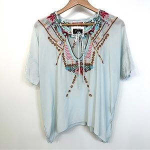 Biya Embroidered Silk blouse, floral, Baby blue top, Oversized flowy boho hippie